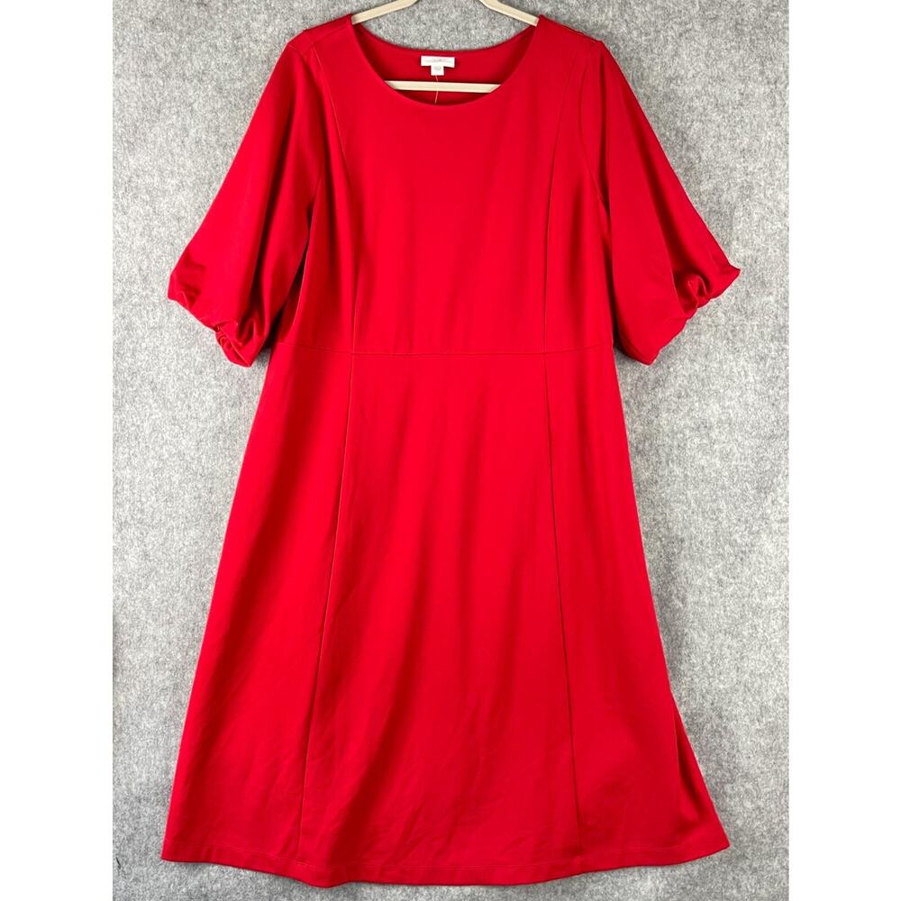 J Jill Puff Sleeve Midi Dress Womens Large Cherry Red Modest Classic Minimal NEW